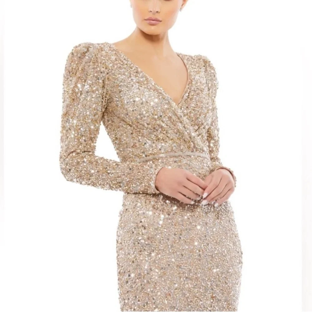 Mac Duggal Shimmering Gold Sequined Puff Shoulder Surplice Evening Gown -Reemoly - Picture 3 of 16
